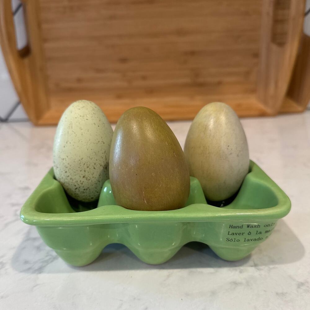 Green ceramic egg carton with 3 egg shaped rocks farmhouse retro 50s vibe decor